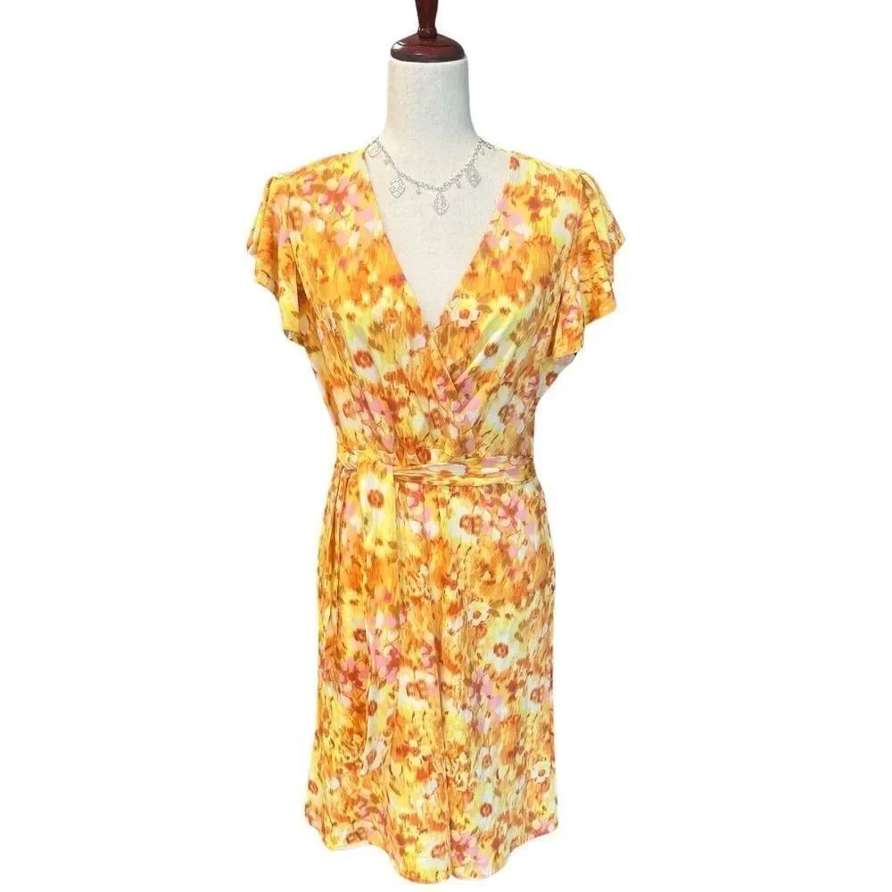 NWT Soft Surroundings Sunny Leigh Floral Sheath-Wrap Dress Yellow/Orange Med